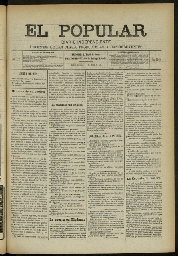 Miniatura de El Popular: diario independiente, político, literario y de noticias de interés general del 14 de marzo de 1894, nº 10688