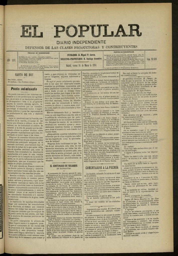 Miniatura de El Popular: diario independiente, político, literario y de noticias de interés general del 16 de marzo de 1894, nº 10689