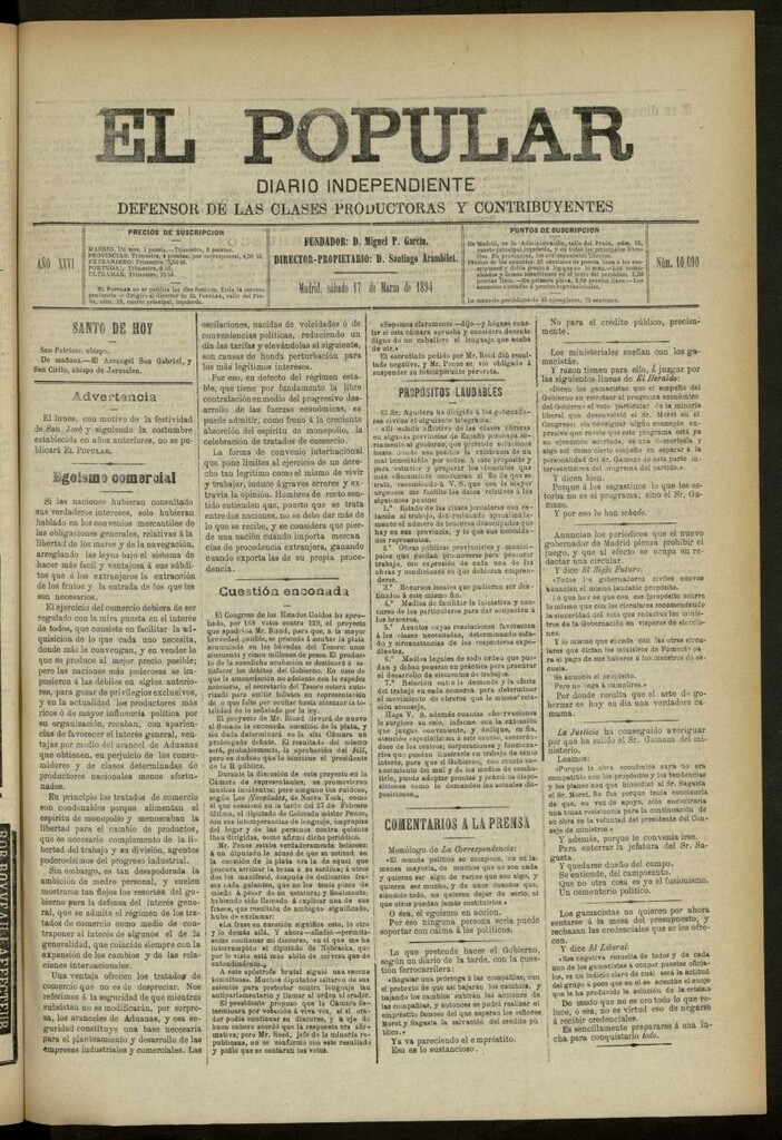 Miniatura de El Popular: diario independiente, político, literario y de noticias de interés general del 17 de marzo de 1894, nº 10690