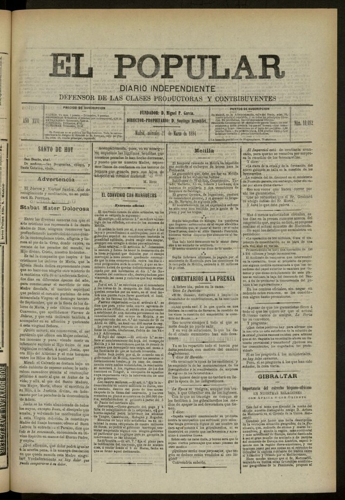 Miniatura de El Popular: diario independiente, político, literario y de noticias de interés general del 21 de marzo de 1894, nº 10692
