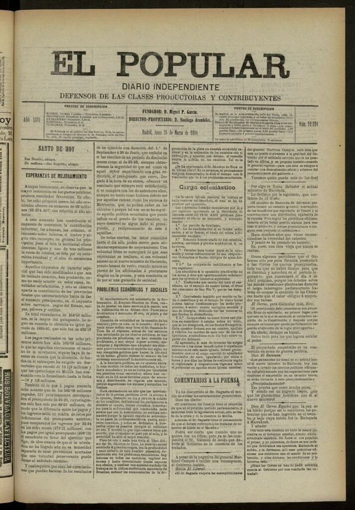Miniatura de El Popular: diario independiente, político, literario y de noticias de interés general del 26 de marzo de 1894, nº 10694