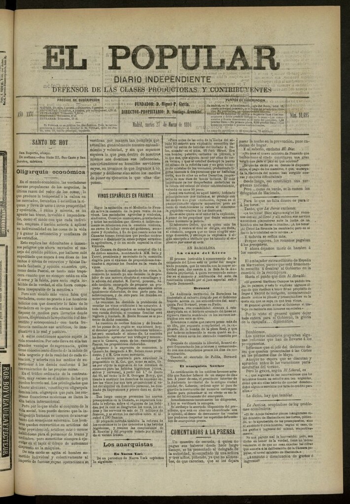 Miniatura de El Popular: diario independiente, político, literario y de noticias de interés general del 27 de marzo de 1894, nº 10695
