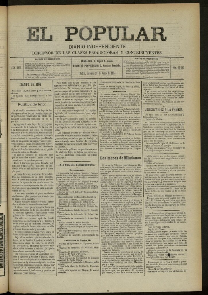 Miniatura de El Popular: diario independiente, político, literario y de noticias de interés general del 28 de marzo de 1894, nº 10696