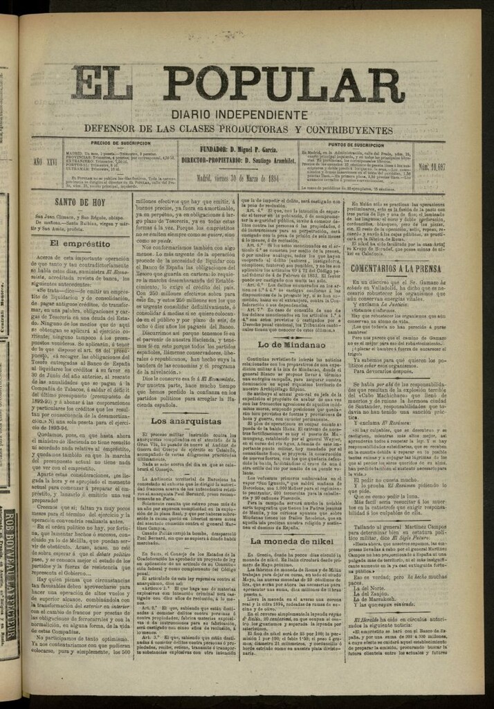 Miniatura de El Popular: diario independiente, político, literario y de noticias de interés general del 30 de marzo de 1894, nº 10697