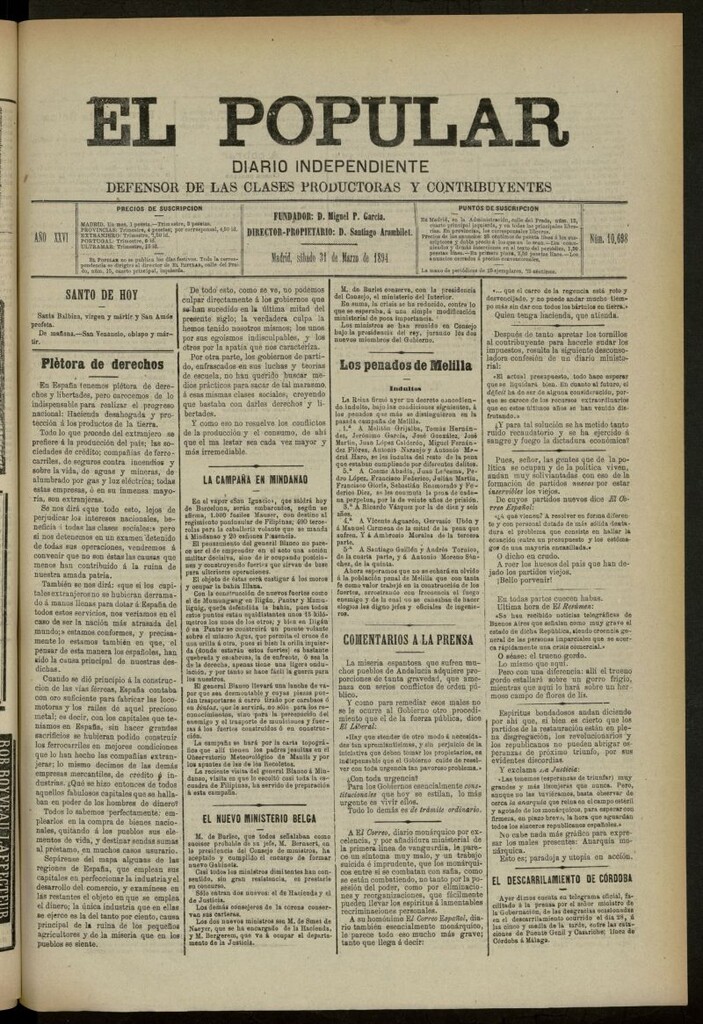 Miniatura de El Popular: diario independiente, político, literario y de noticias de interés general del 31 de marzo de 1894, nº 10698
