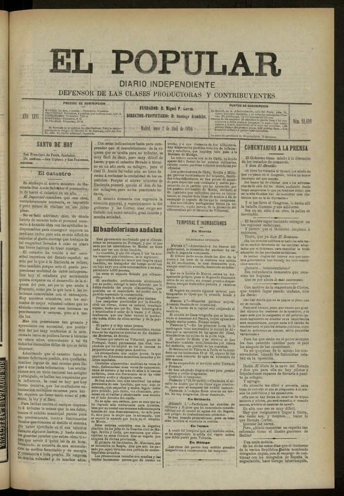 Miniatura de El Popular: diario independiente, político, literario y de noticias de interés general del 2 de abril de 1894, nº 10699