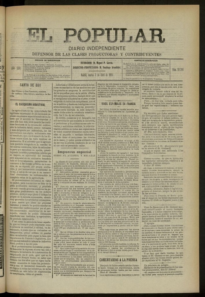 Miniatura de El Popular: diario independiente, político, literario y de noticias de interés general del 3 de abril de 1894, nº 10700