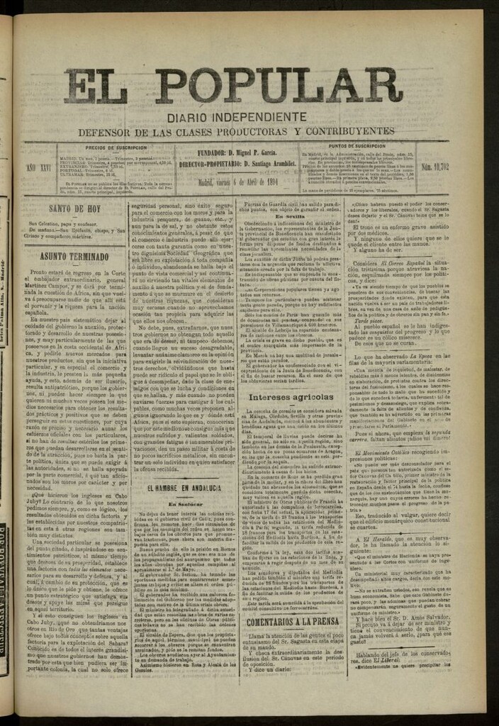 Miniatura de El Popular: diario independiente, político, literario y de noticias de interés general del 6 de abril de 1894, nº 10702