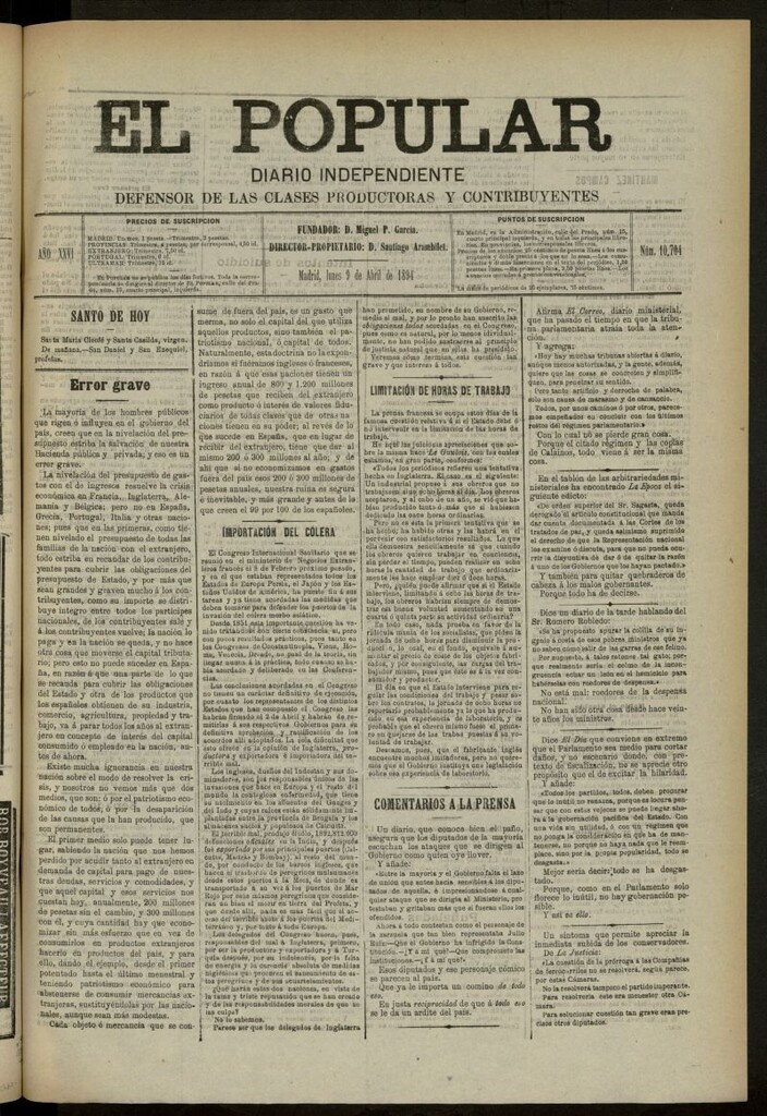 Miniatura de El Popular: diario independiente, político, literario y de noticias de interés general del 9 de abril de 1894, nº 10704