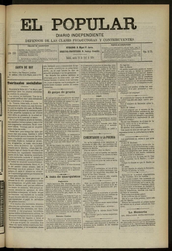Miniatura de El Popular: diario independiente, político, literario y de noticias de interés general del 10 de abril de 1894, nº 10705