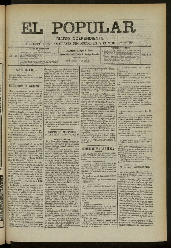 Miniatura de El Popular: diario independiente, político, literario y de noticias de interés general del 11 de abril de 1894, nº 10706