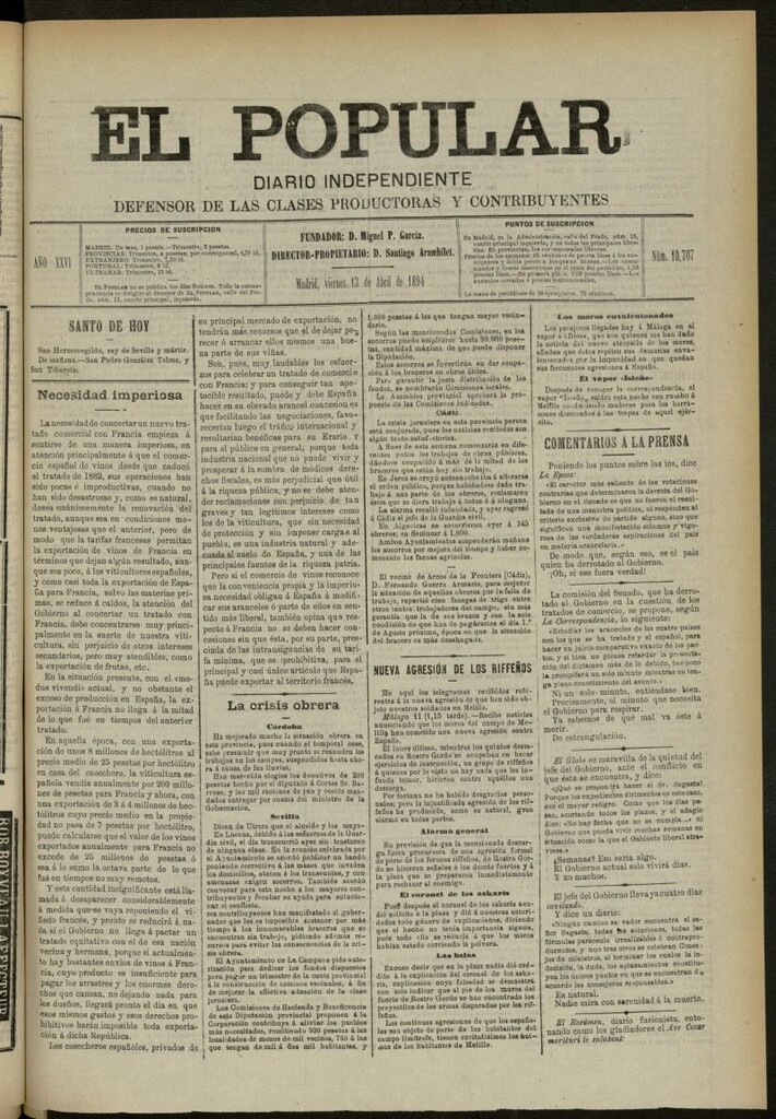 Miniatura de El Popular: diario independiente, político, literario y de noticias de interés general del 13 de abril de 1894, nº 10707