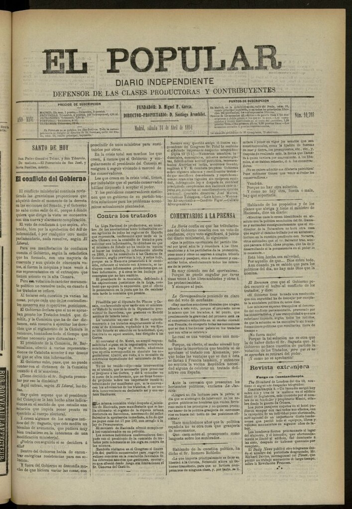 Miniatura de El Popular: diario independiente, político, literario y de noticias de interés general del 14 de abril de 1894, nº 10708