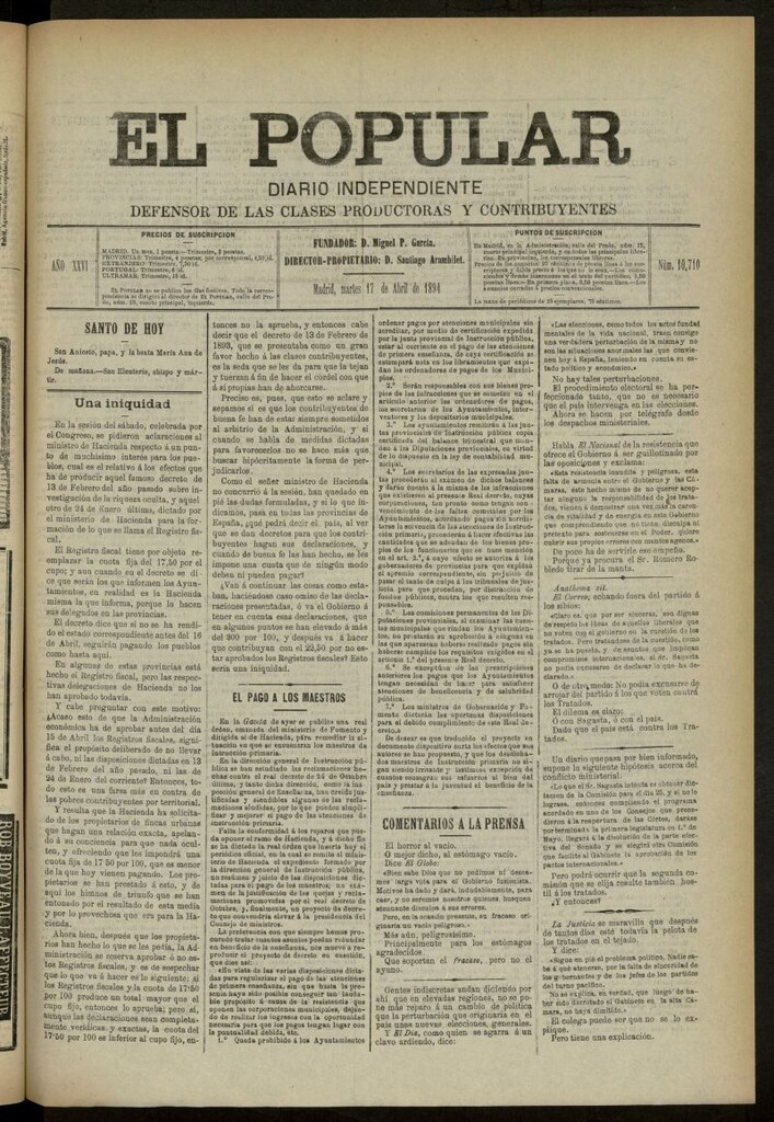 Miniatura de El Popular: diario independiente, político, literario y de noticias de interés general del 17 de abril de 1894, nº 10710