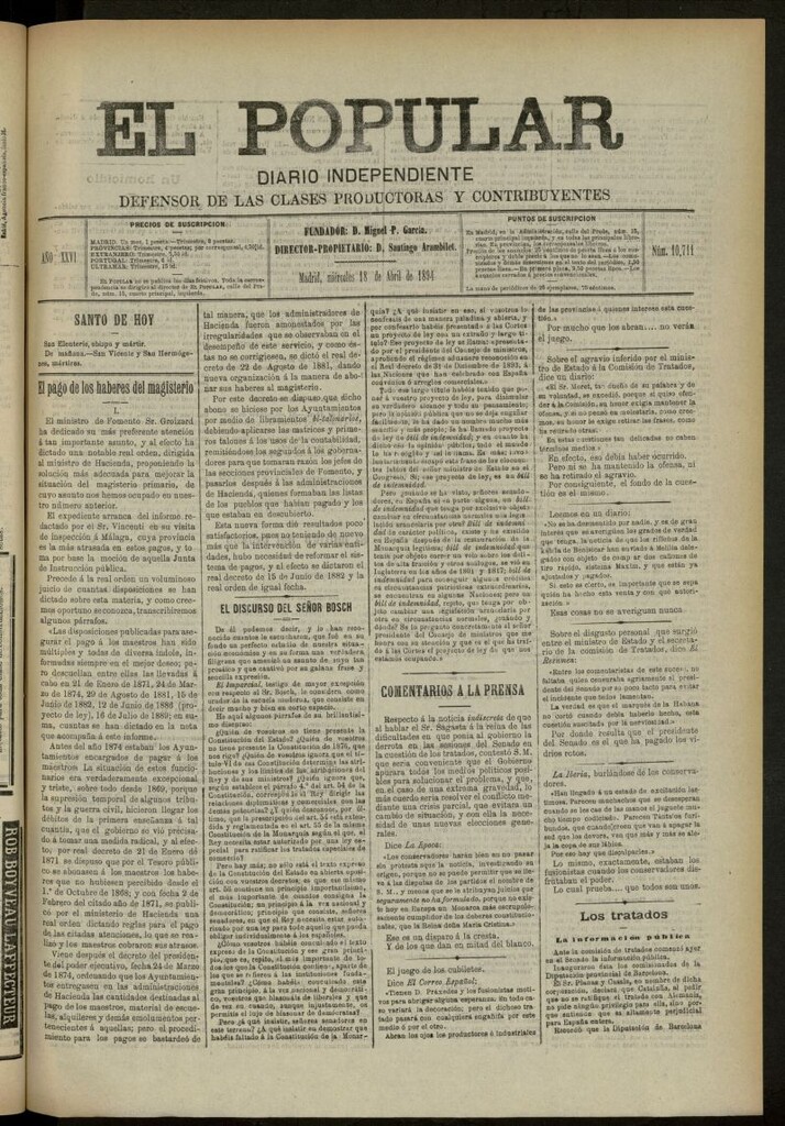 Miniatura de El Popular: diario independiente, político, literario y de noticias de interés general del 18 de abril de 1894, nº 10711