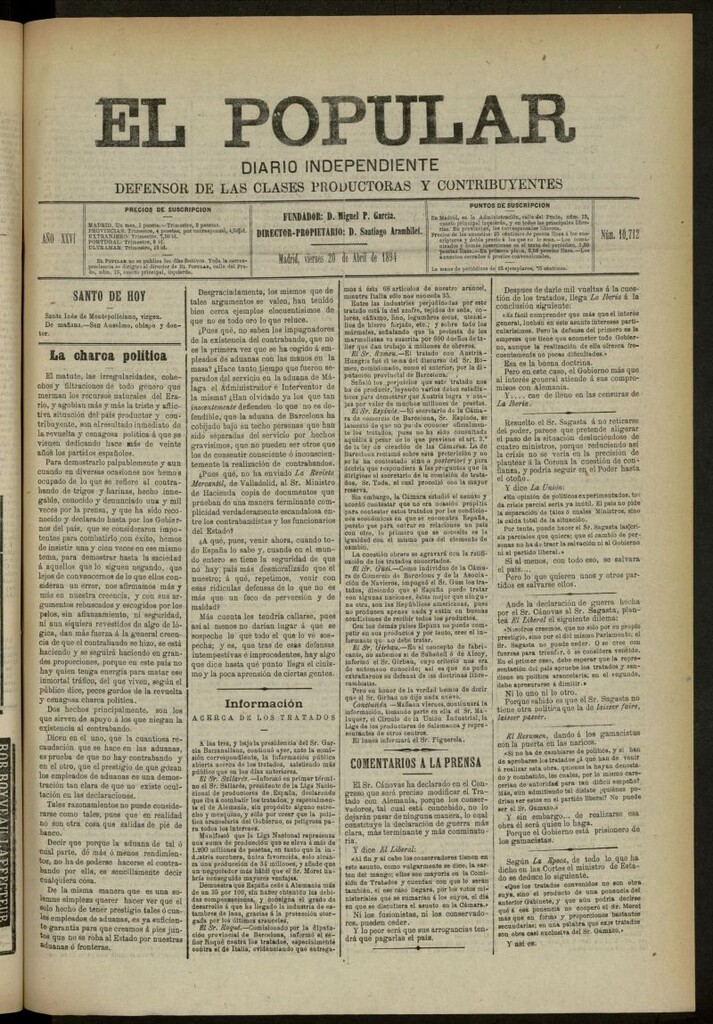 Miniatura de El Popular: diario independiente, político, literario y de noticias de interés general del 20 de abril de 1894, nº 10712