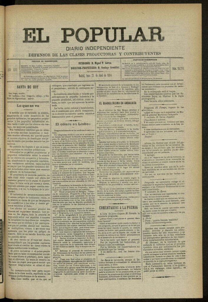 Miniatura de El Popular: diario independiente, político, literario y de noticias de interés general del 23 de abril de 1894, nº 10714