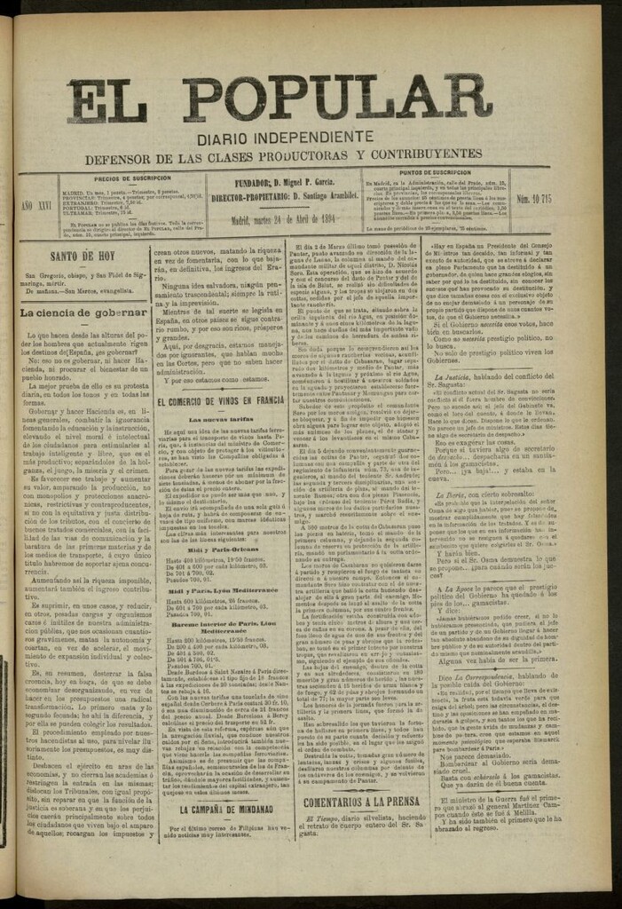 Miniatura de El Popular: diario independiente, político, literario y de noticias de interés general del 24 de abril de 1894, nº 10715