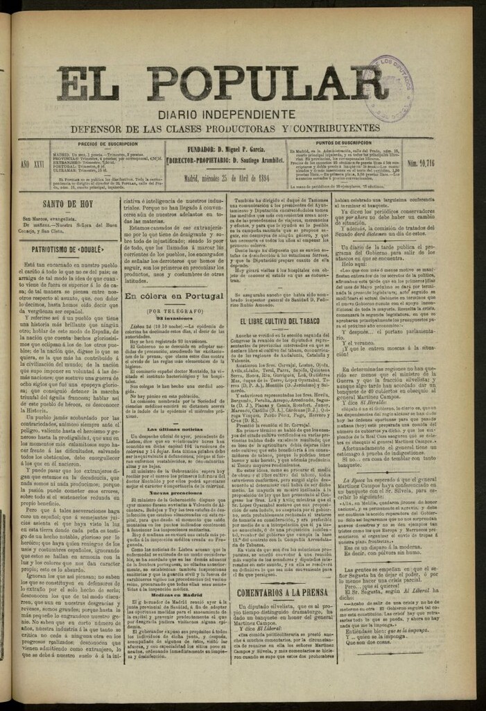 Miniatura de El Popular: diario independiente, político, literario y de noticias de interés general del 25 de abril de 1894, nº 10716