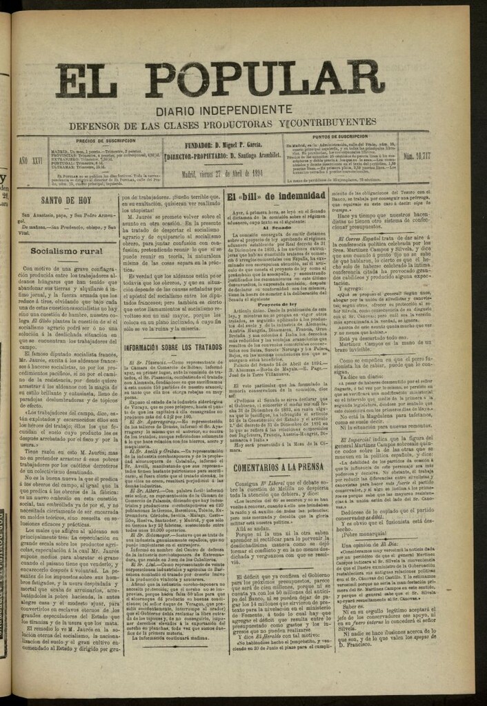 Miniatura de El Popular: diario independiente, político, literario y de noticias de interés general del 27 de abril de 1894, nº 10717