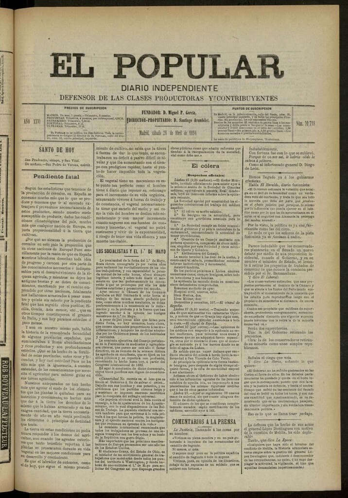 Miniatura de El Popular: diario independiente, político, literario y de noticias de interés general del 28 de abril de 1894, nº 10718