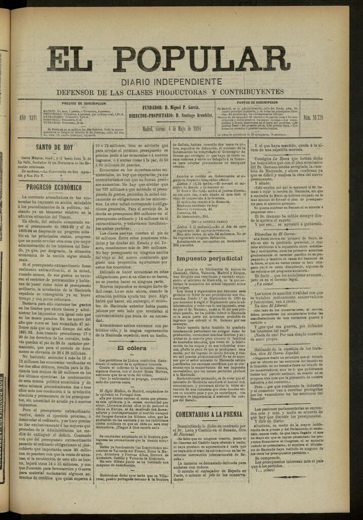 Miniatura de El Popular: diario independiente, político, literario y de noticias de interés general del 4 de mayo de 1894, nº 10720
