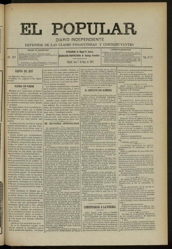 Miniatura de El Popular: diario independiente, político, literario y de noticias de interés general del 7 de mayo de 1894, nº 10722