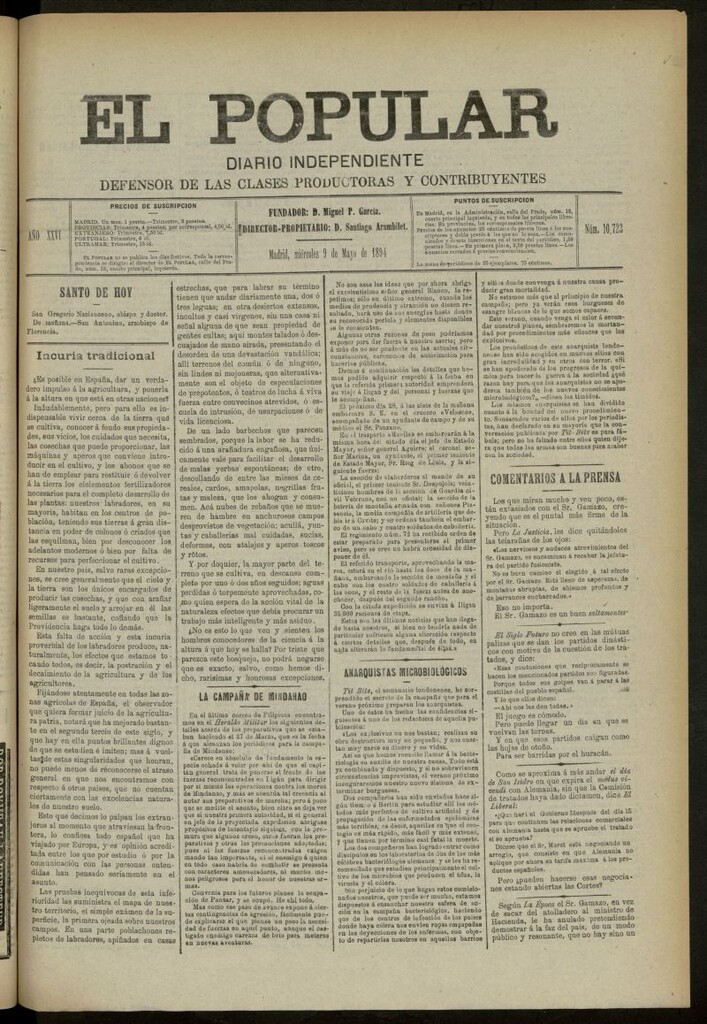 Miniatura de El Popular: diario independiente, político, literario y de noticias de interés general del 9 de mayo de 1894, nº 10723