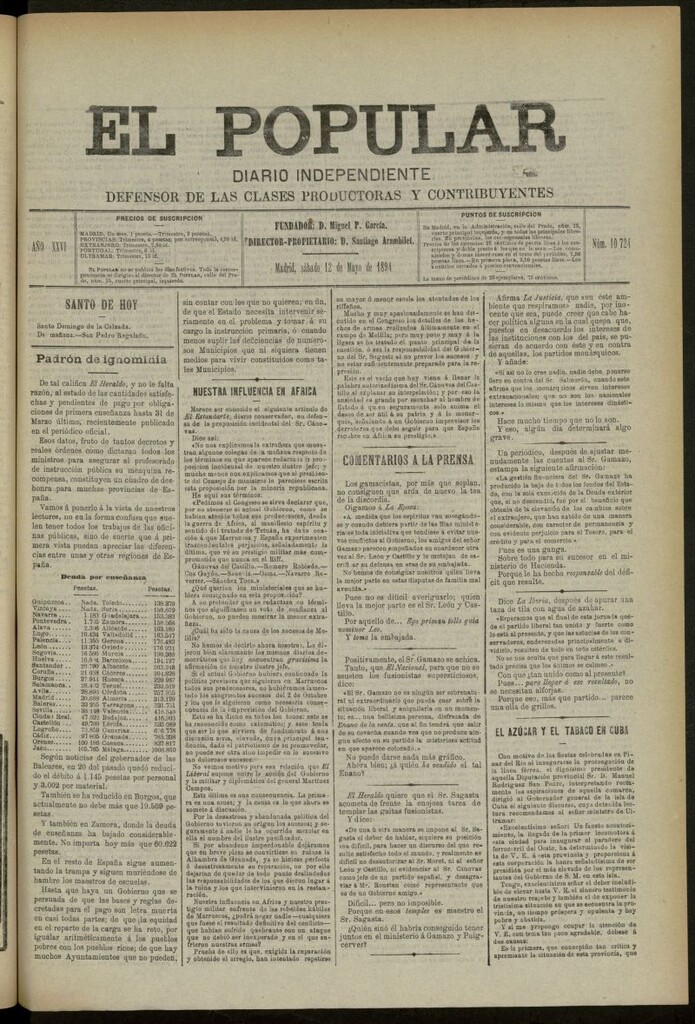 Miniatura de El Popular: diario independiente, político, literario y de noticias de interés general del 12 de mayo de 1894, nº 10724