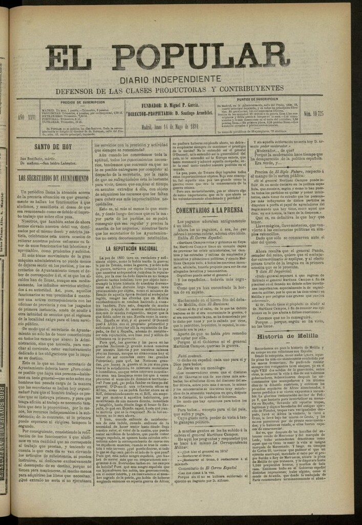 Miniatura de El Popular: diario independiente, político, literario y de noticias de interés general del 14 de mayo de 1894, nº 10725