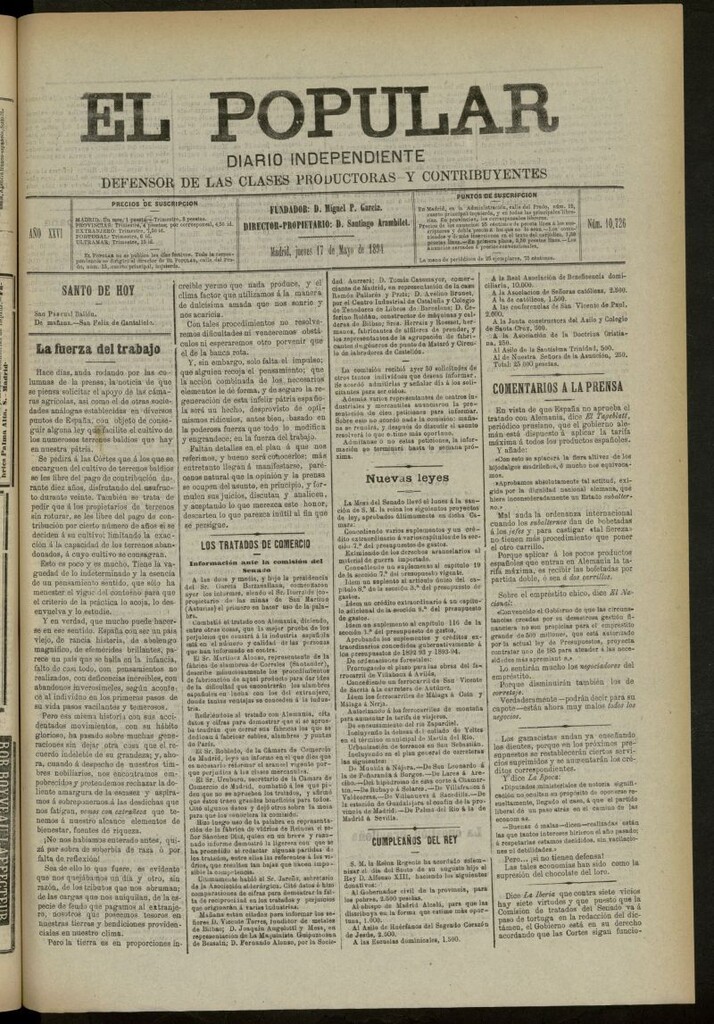 Miniatura de El Popular: diario independiente, político, literario y de noticias de interés general del 17 de mayo de 1894, nº 10726