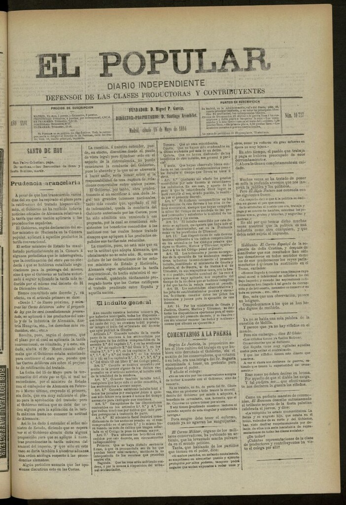 Miniatura de El Popular: diario independiente, político, literario y de noticias de interés general del 19 de mayo de 1894, nº 10727