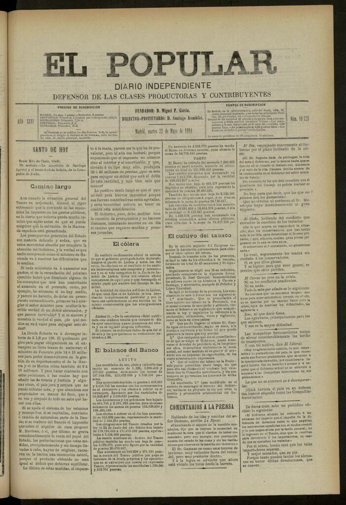 Miniatura de El Popular: diario independiente, político, literario y de noticias de interés general del 22 de mayo de 1894, nº 10728