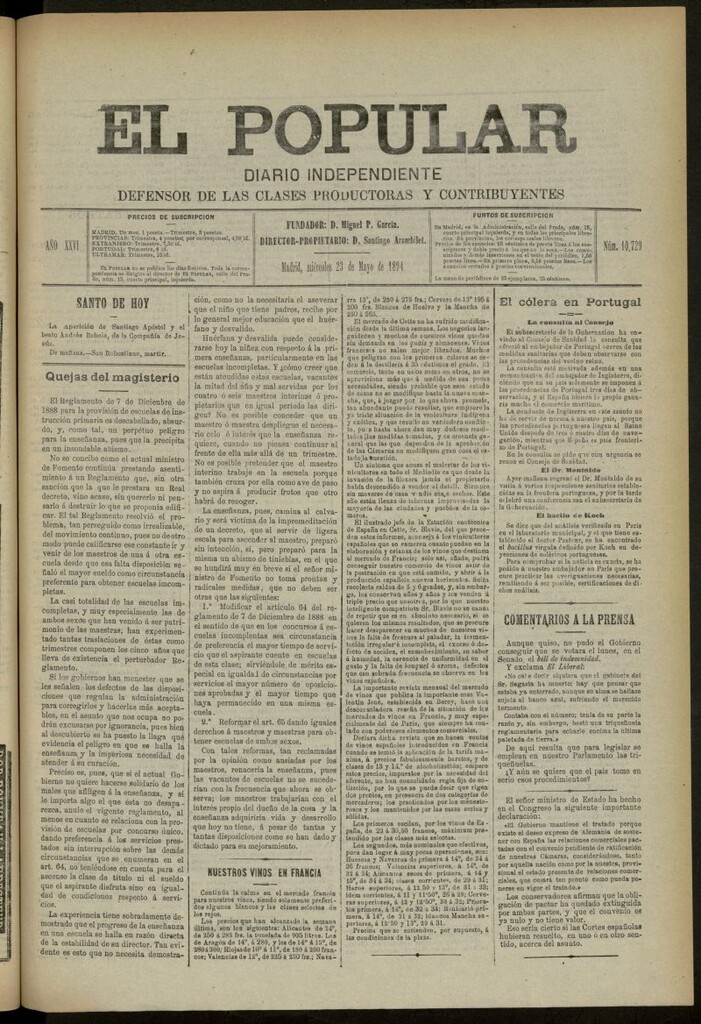Miniatura de El Popular: diario independiente, político, literario y de noticias de interés general del 23 de mayo de 1894, nº 10729
