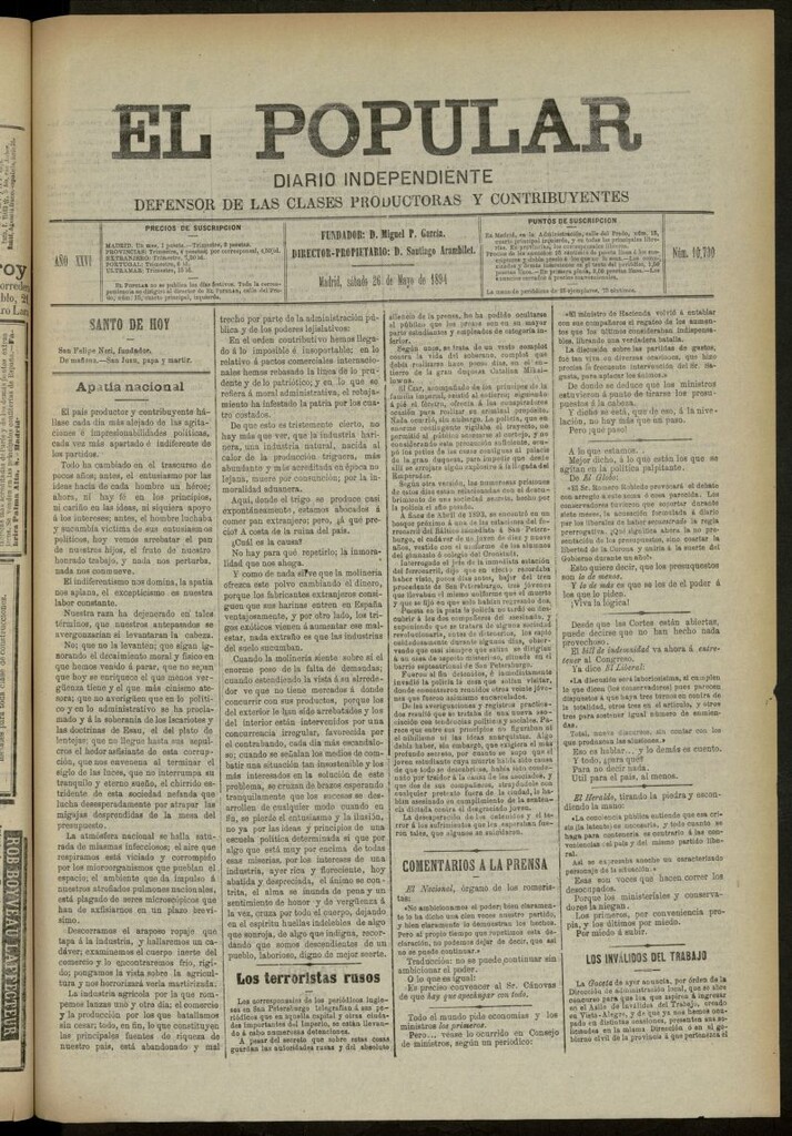 Miniatura de El Popular: diario independiente, político, literario y de noticias de interés general del 26 de mayo de 1894, nº 10730