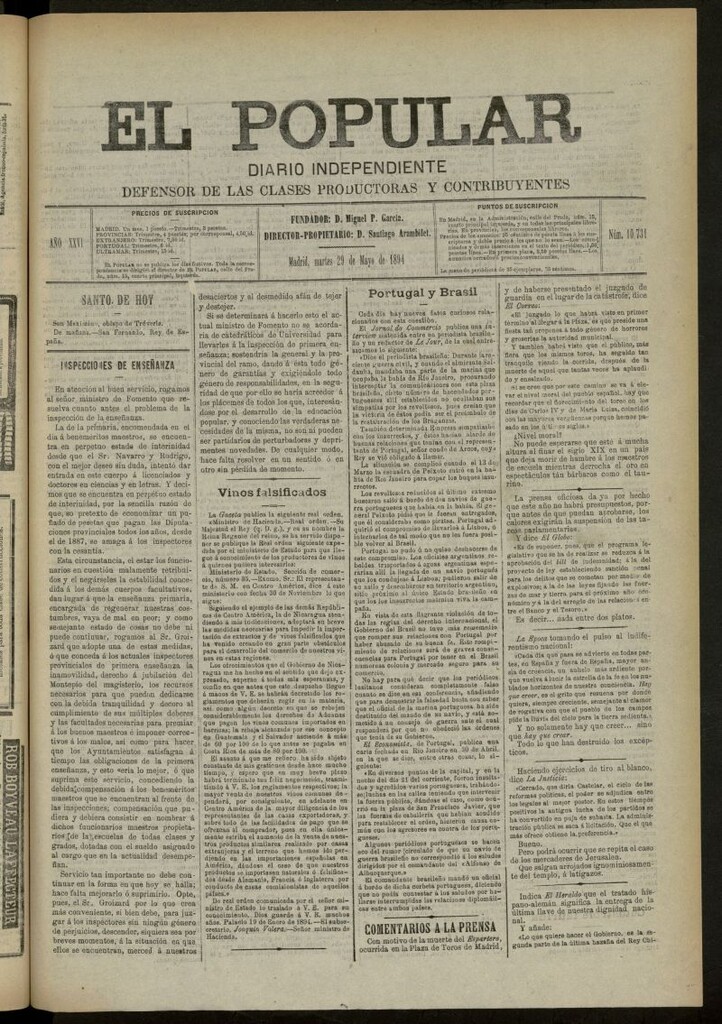 Miniatura de El Popular: diario independiente, político, literario y de noticias de interés general del 29 de mayo de 1894, nº 10731