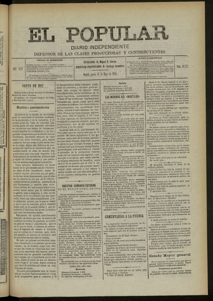 Miniatura de El Popular: diario independiente, político, literario y de noticias de interés general del 31 de mayo de 1894, nº 10732
