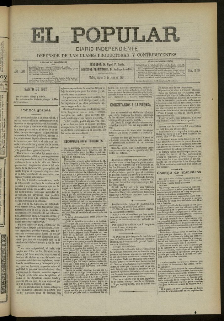 Miniatura de El Popular: diario independiente, político, literario y de noticias de interés general del 5 de junio de 1894, nº 10734