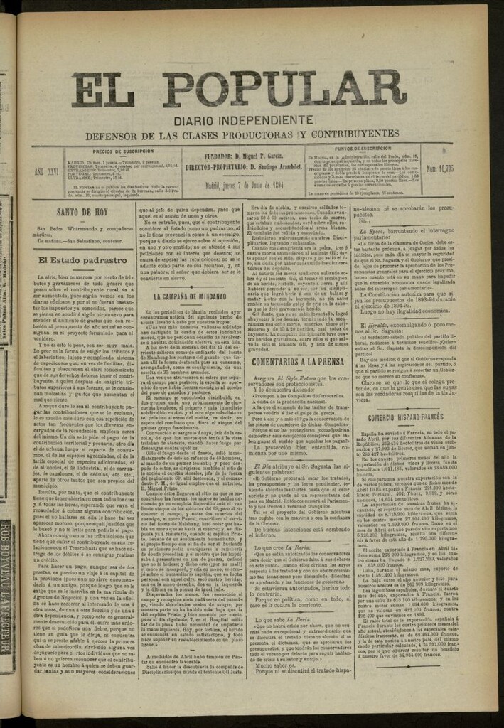 Miniatura de El Popular: diario independiente, político, literario y de noticias de interés general del 7 de junio de 1894, nº 10735
