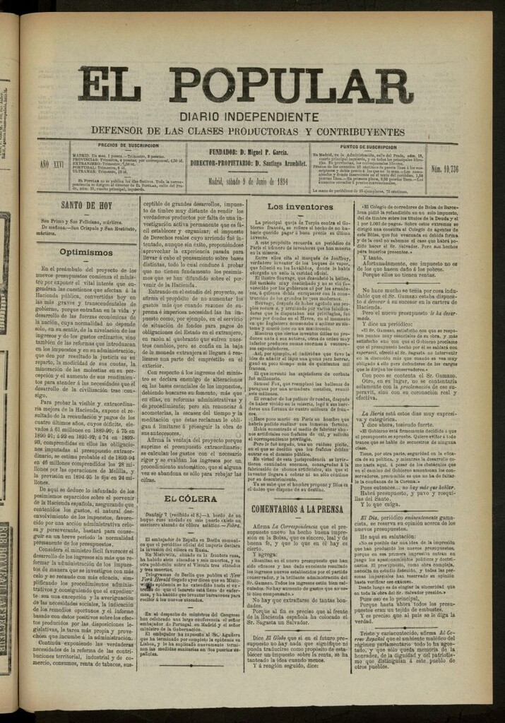 Miniatura de El Popular: diario independiente, político, literario y de noticias de interés general del 9 de junio de 1894, nº 10736