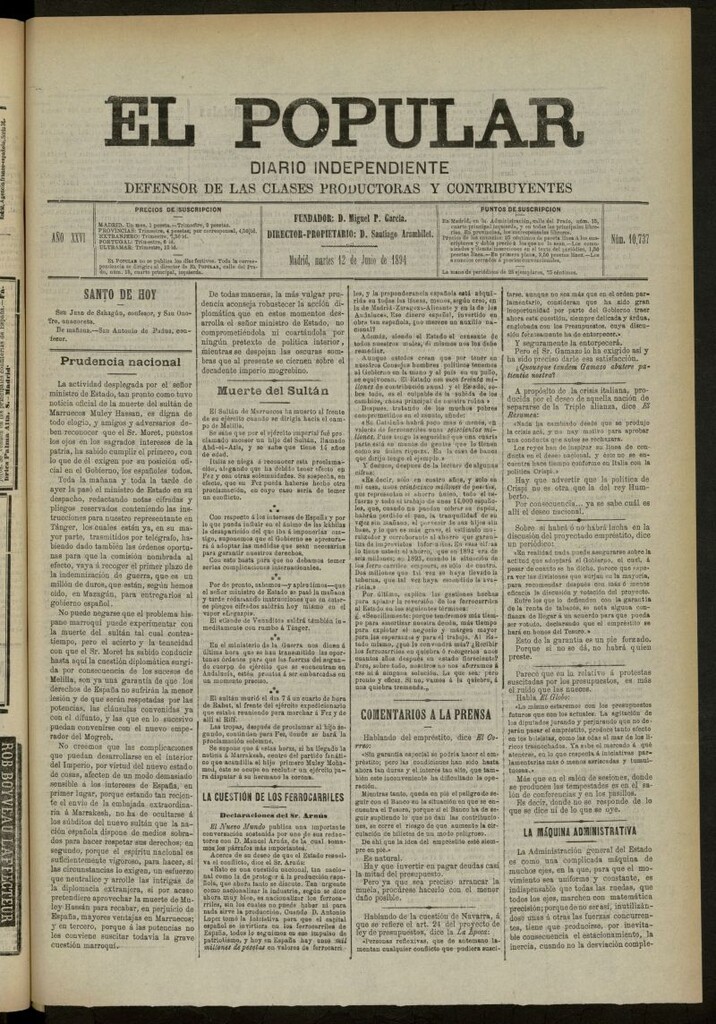 Miniatura de El Popular: diario independiente, político, literario y de noticias de interés general del 12 de junio de 1894, nº 10737
