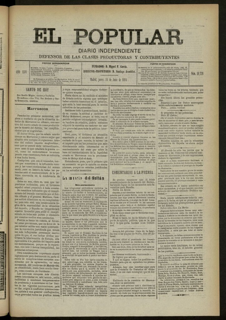 Miniatura de El Popular: diario independiente, político, literario y de noticias de interés general del 14 de junio de 1894, nº 10738