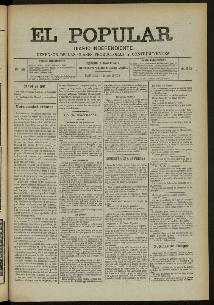 Miniatura de El Popular: diario independiente, político, literario y de noticias de interés general del 16 de junio de 1894, nº 10739