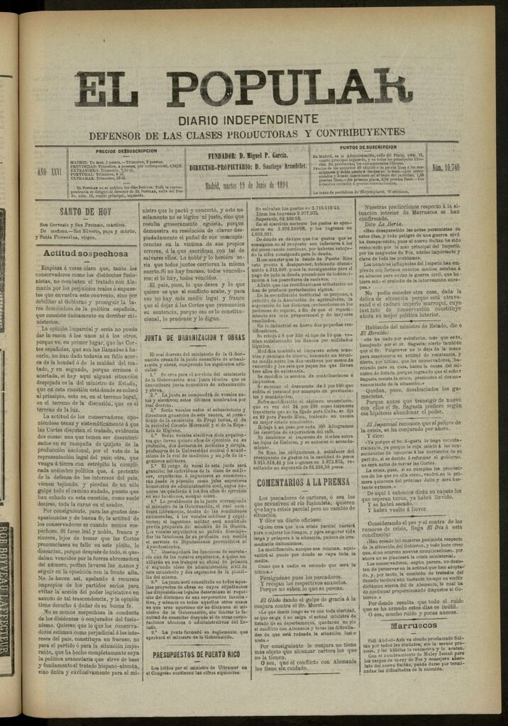Miniatura de El Popular: diario independiente, político, literario y de noticias de interés general del 19 de junio de 1894, nº 10740