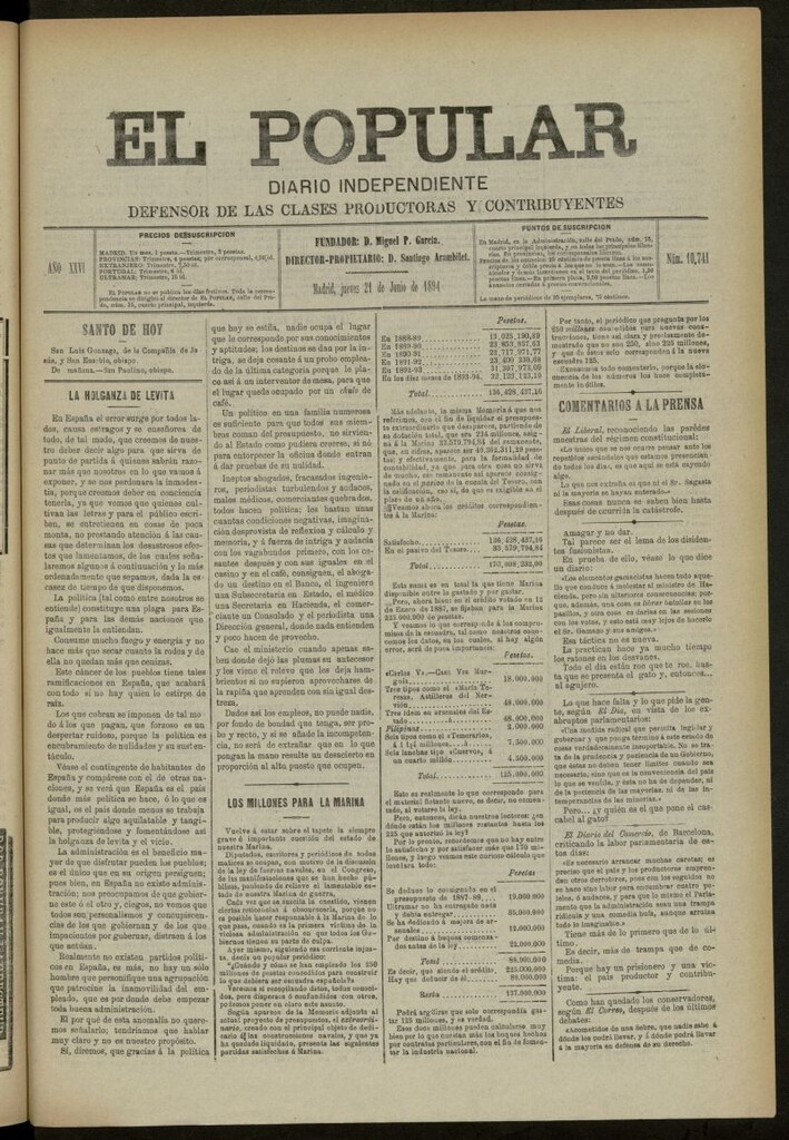 Miniatura de El Popular: diario independiente, político, literario y de noticias de interés general del 21 de junio de 1894, nº 10741