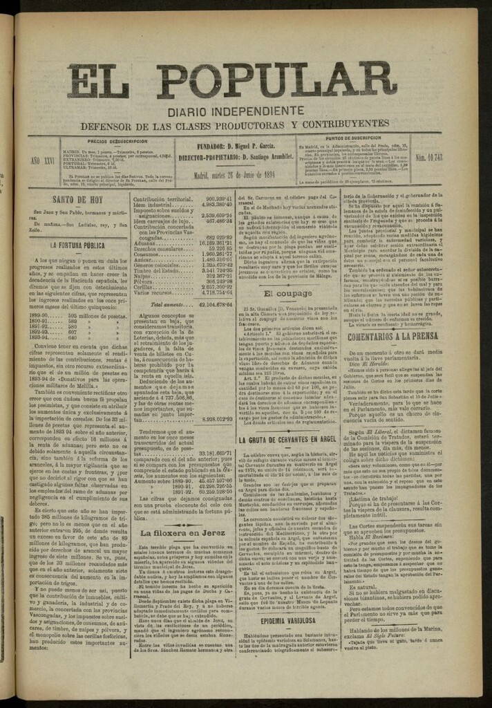 Miniatura de El Popular: diario independiente, político, literario y de noticias de interés general del 26 de junio de 1894, nº 10743