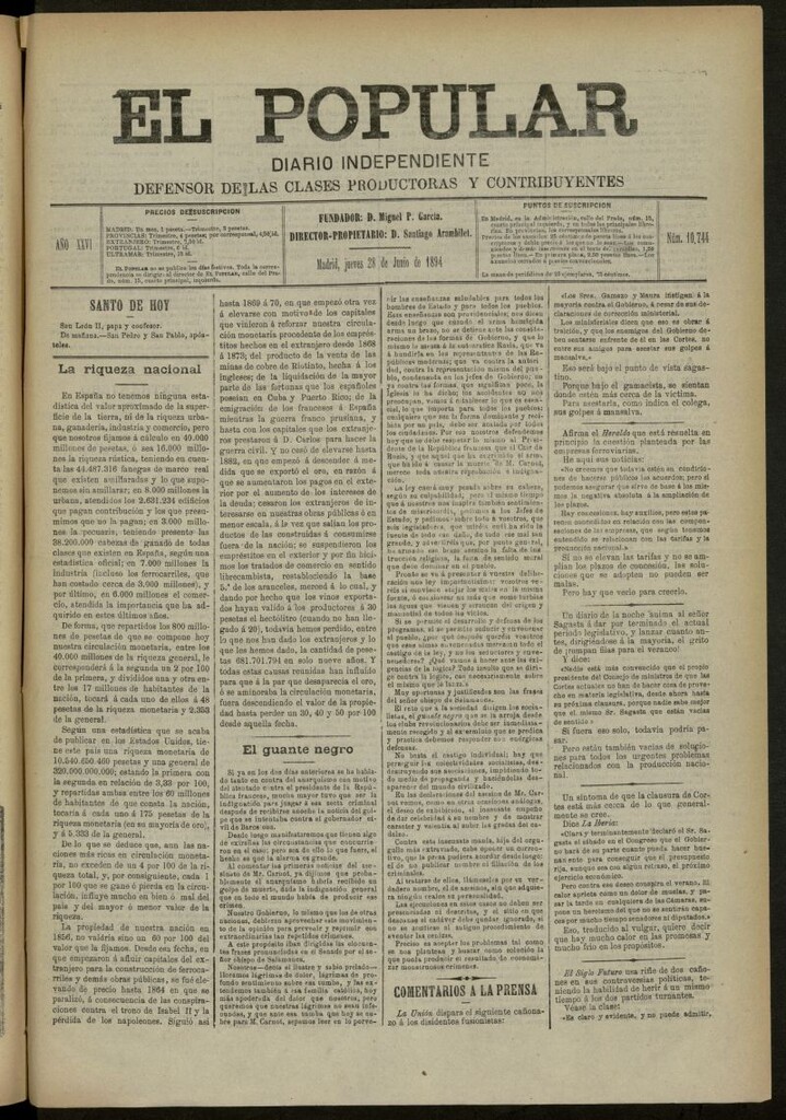 Miniatura de El Popular: diario independiente, político, literario y de noticias de interés general del 28 de junio de 1894, nº 10744