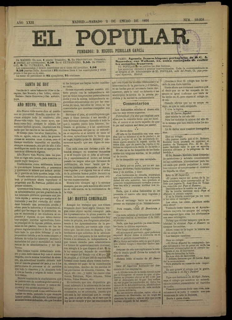 Miniatura de El Popular: diario independiente, político, literario y de noticias de interés general del 2 de enero de 1892, Nº 10058