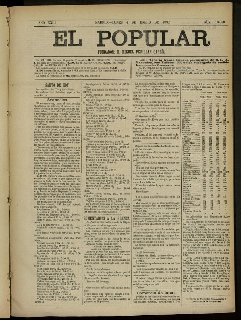 Miniatura de El Popular: diario independiente, político, literario y de noticias de interés general del 4 de enero de 1892, Nº 10059
