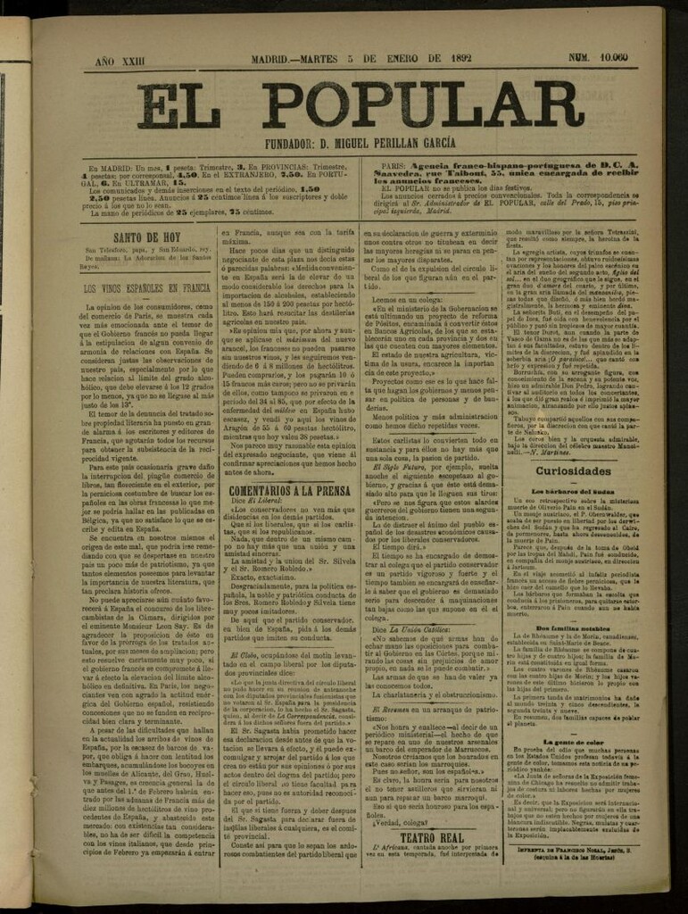 Miniatura de El Popular: diario independiente, político, literario y de noticias de interés general del 5 de enero de 1892, nº 10060
